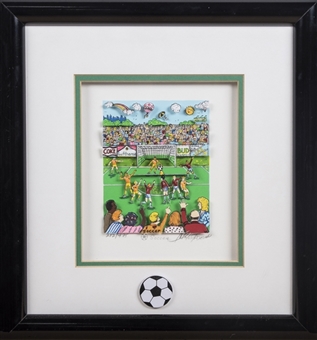 Charles Fazzino "Soccer" 3-D Pop Art Collage 13.5x14.5" Framed Display - Limited Edition #212/475